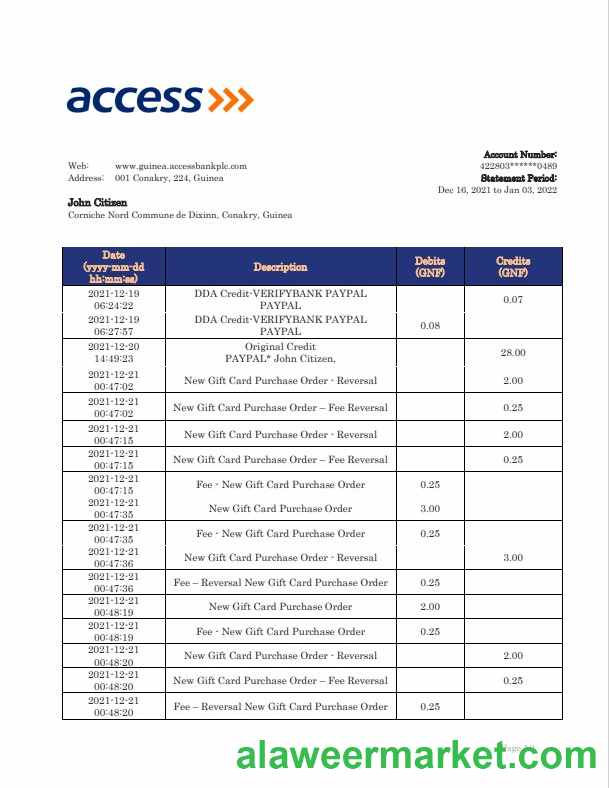 Guinea Access bank statement template, Word and PDF format